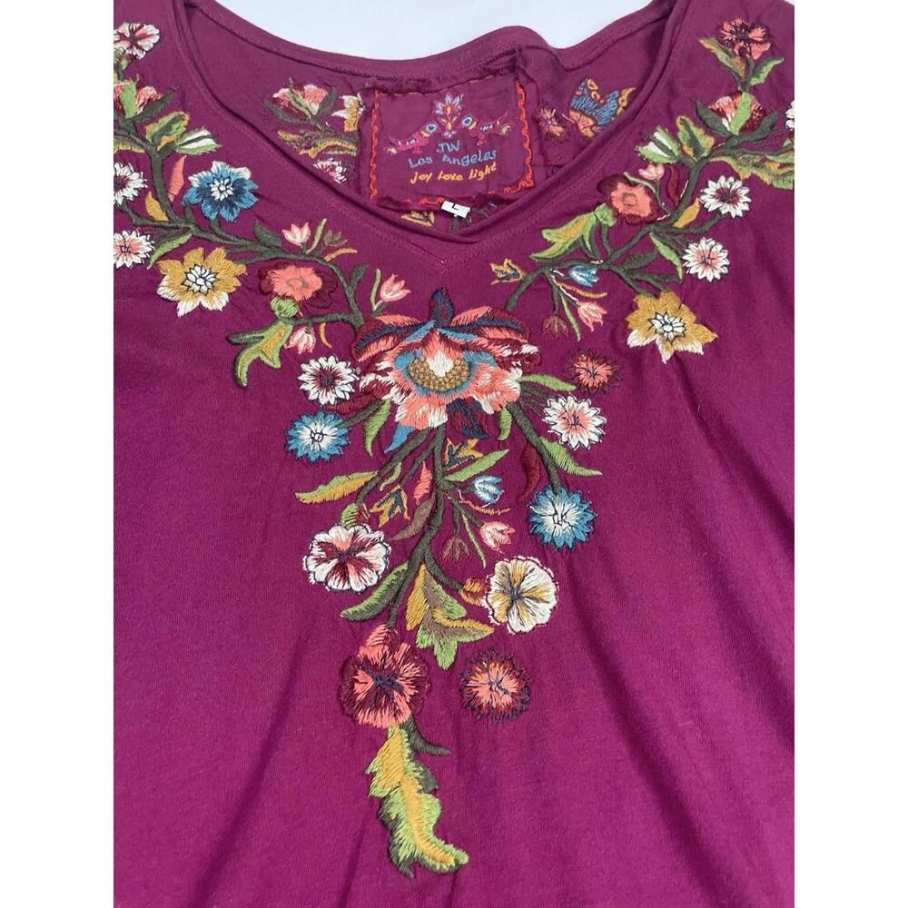 Johnny Was V Neck Burgundy Embroidered Floral Long Sleeve Tshirt Large - Picture 3 of 8